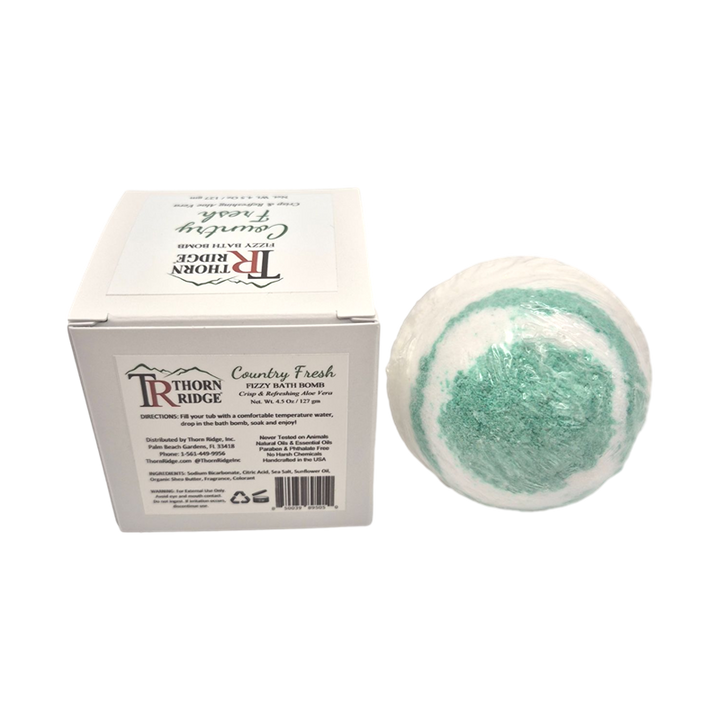 Country Fresh bath bomb back with box packaging.