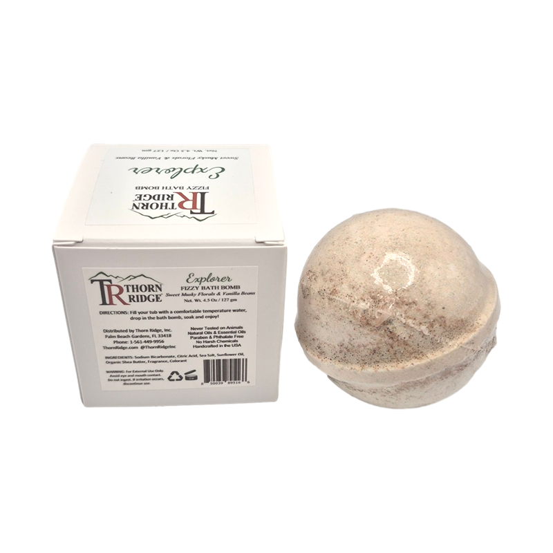 Explorer bath bomb back with box packaging.