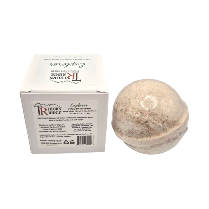 Explorer bath bomb back with box packaging.