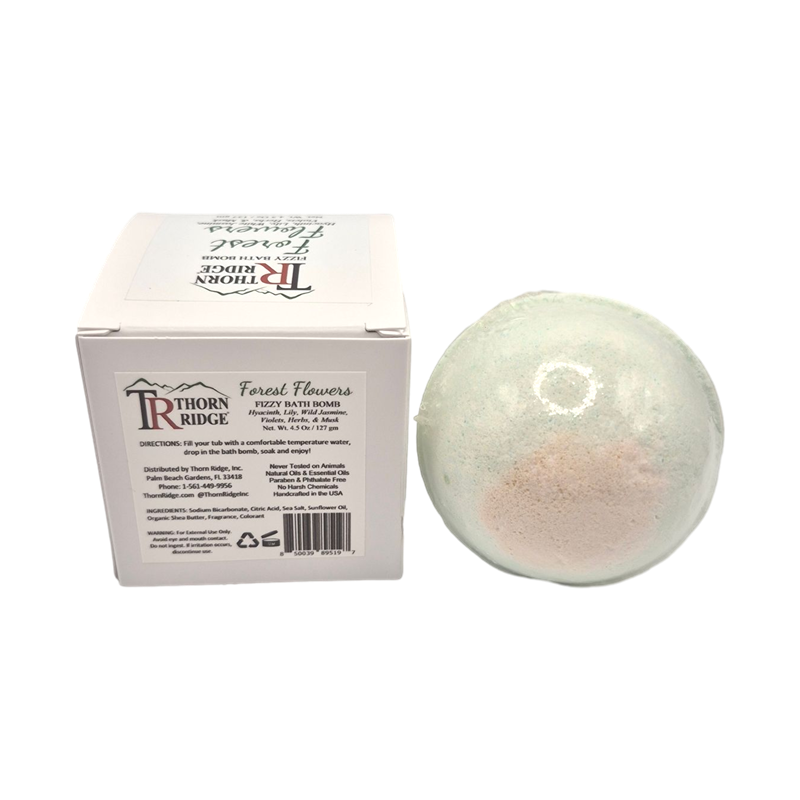 Forest Flowers bath bomb back with box packaging.