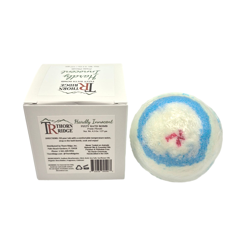 Hardly Innocent bath bomb back with box packaging.