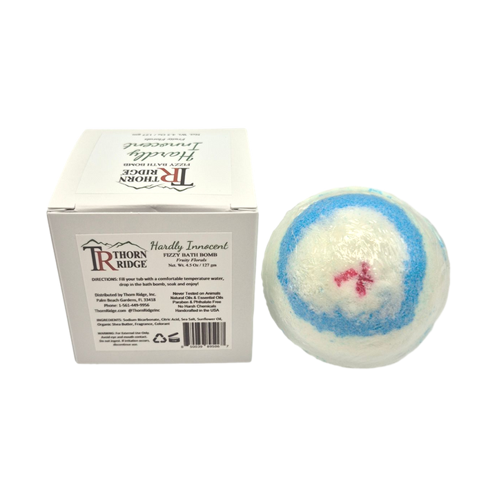 Hardly Innocent bath bomb back with box packaging.