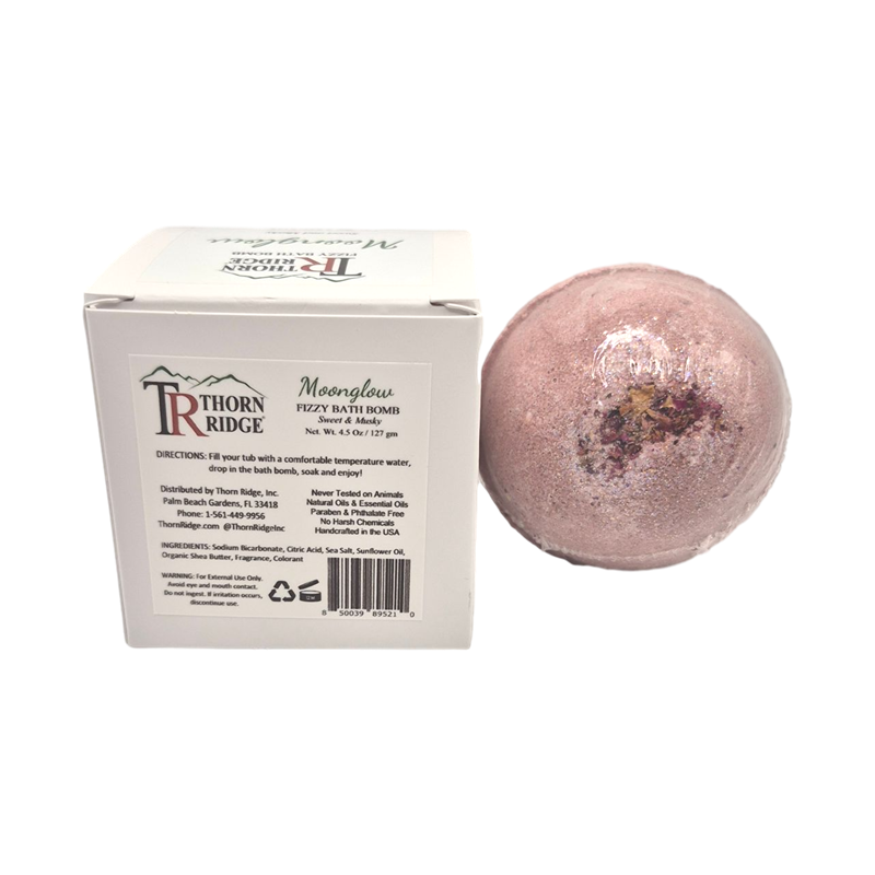 Moonglow bath bomb back with box packaging.