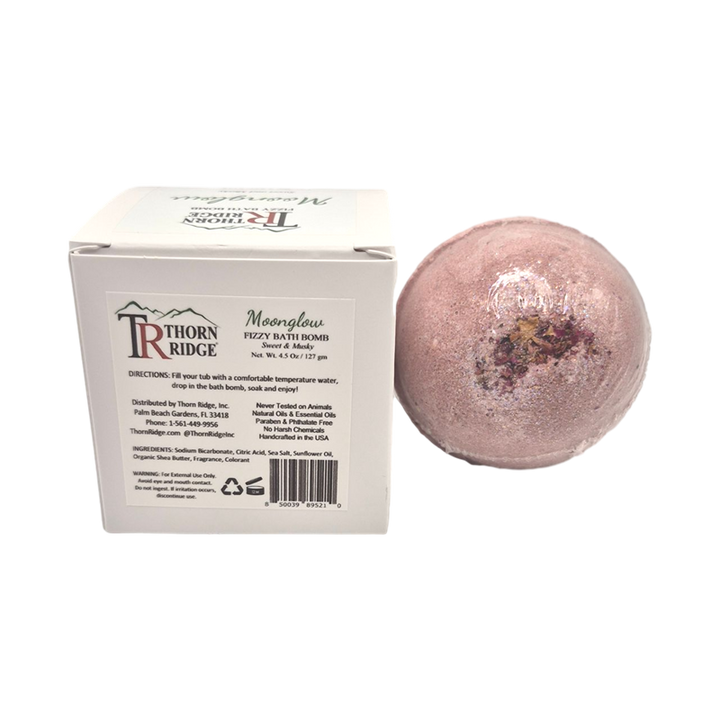 Moonglow bath bomb back with box packaging.