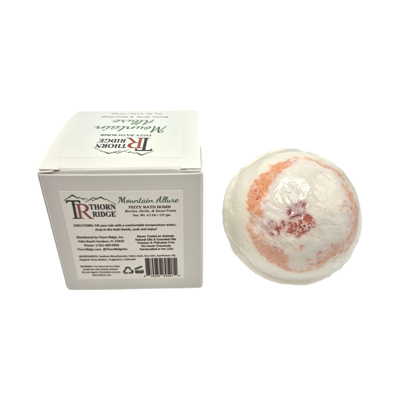 Mountain Allure bath bomb back with box packaging.