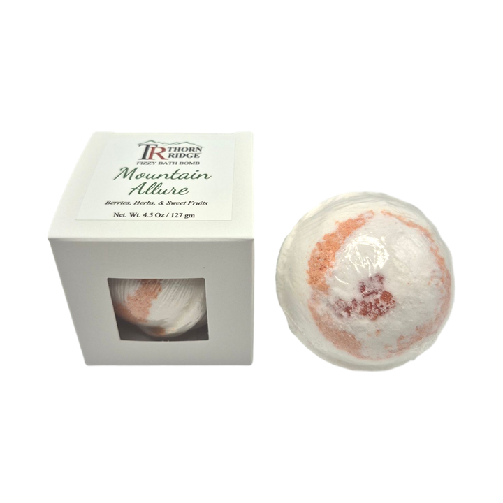 Mountain Allure bath bomb front with box packaging.
