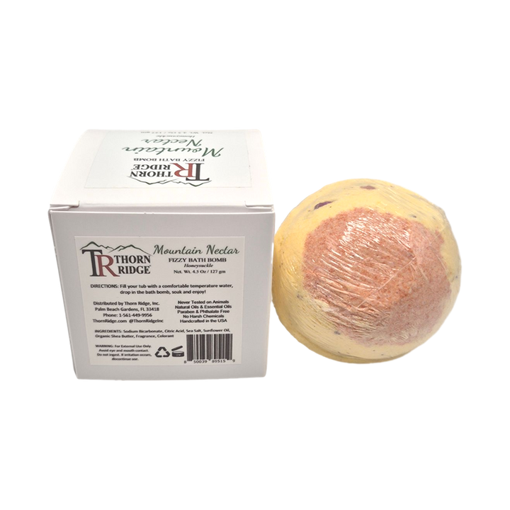 Mountain Nectar bath bomb back  with box packaging.