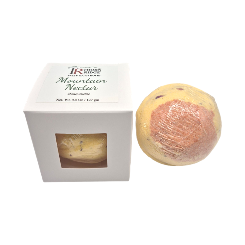 Mountain Nectar bath bomb front with box packaging.