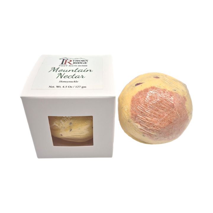 Mountain Nectar bath bomb front with box packaging.