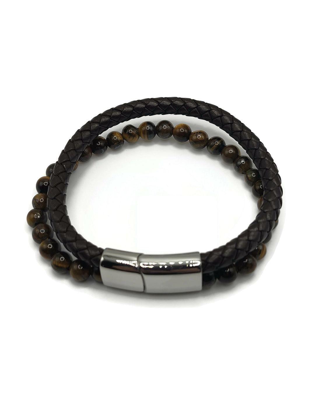 Tiger Eye gemstone and braided black leather double bracelet with a silver slip lock clasp.