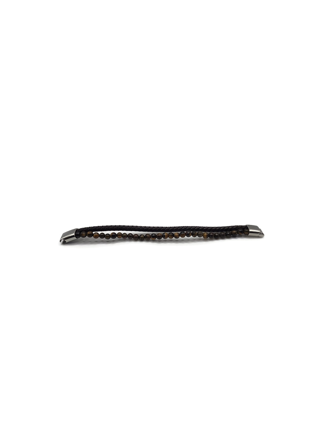 Tiger Eye gemstone and braided black leather double bracelet with a silver slip lock clasp.