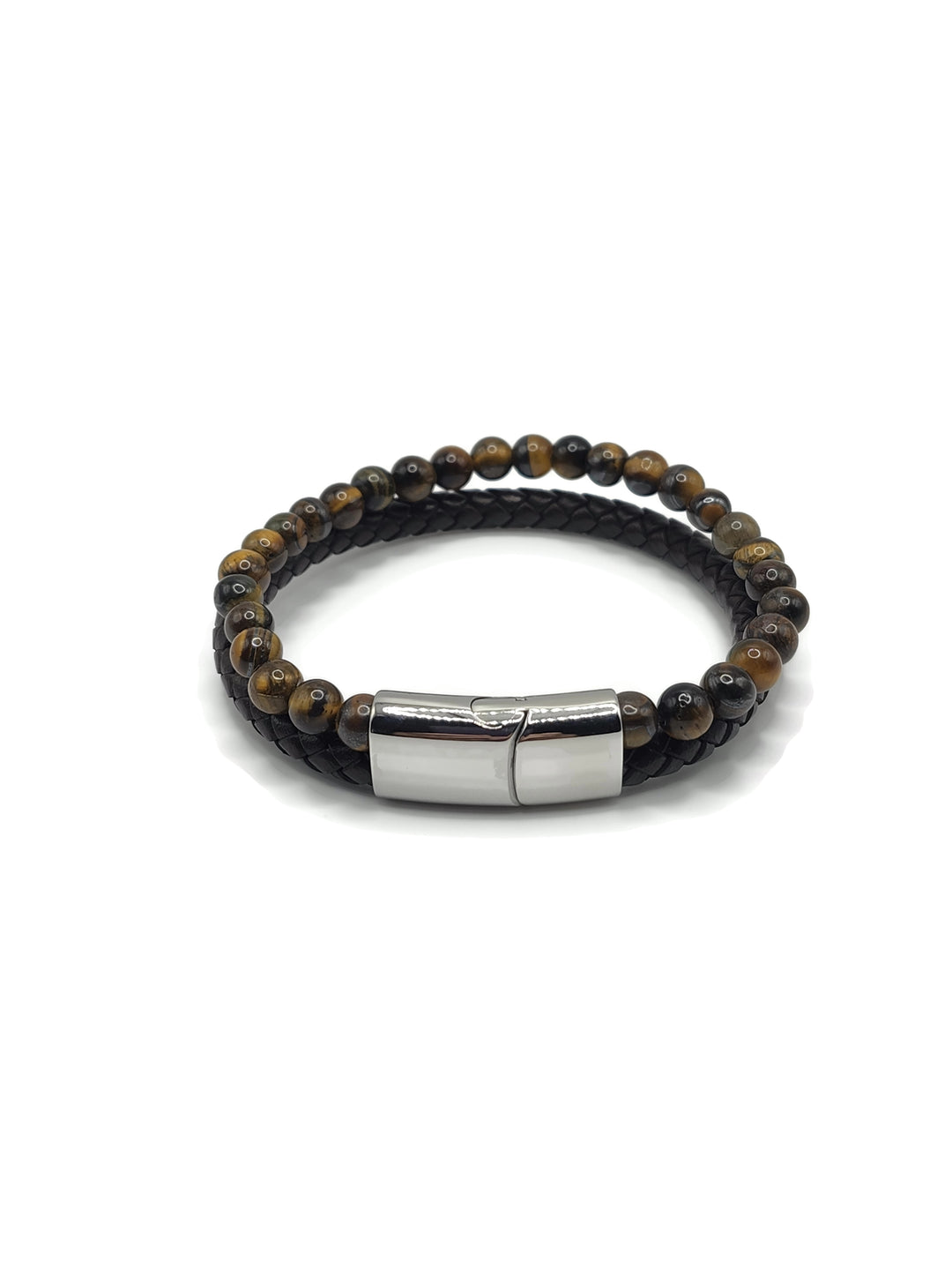 Tiger Eye gemstone and braided black leather double bracelet with a silver slip lock clasp.