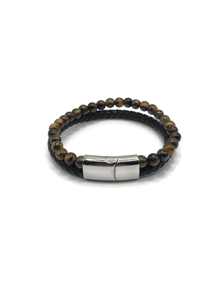 Tiger Eye gemstone and braided black leather double bracelet with a silver slip lock clasp.