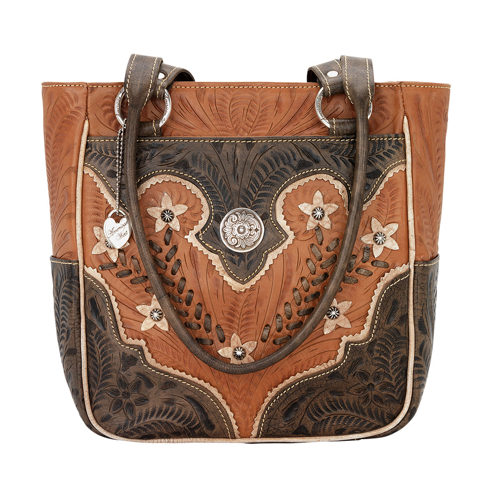American West handbag purse described as  Desert Wildflower Zip Top Tote With Outside Pockets Natural Tan