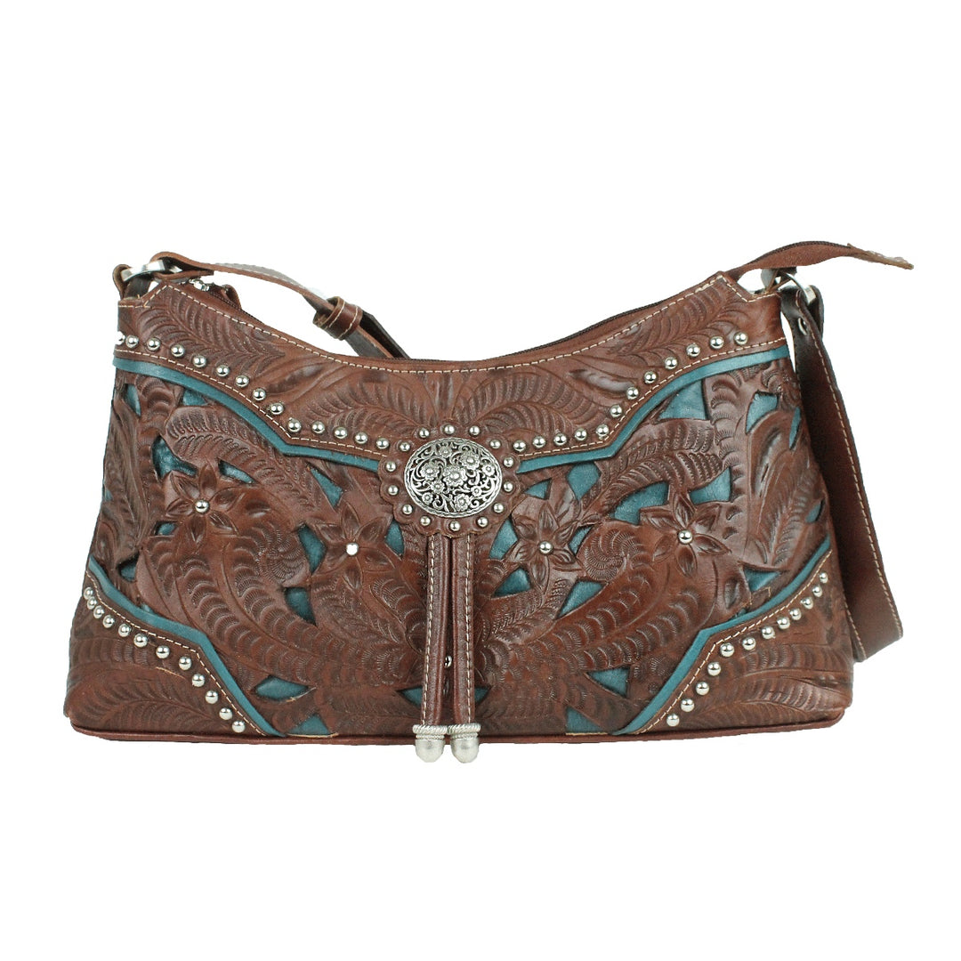 American West Lady Lace Zip-Top Shoulder Bag Chestnut Brown Dark Turquoise
