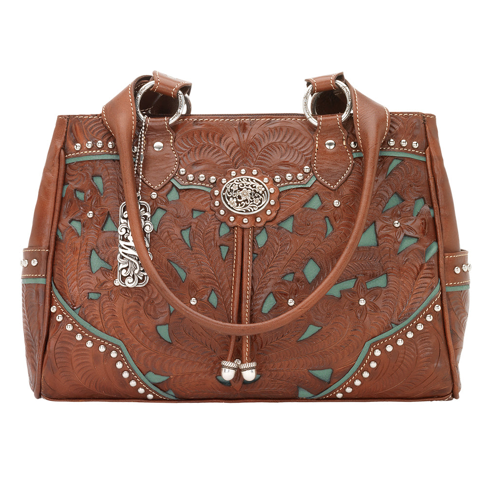 American West Lady Lace Multi-Compartment Organizer Tote Antique Brown Marine Turquoise