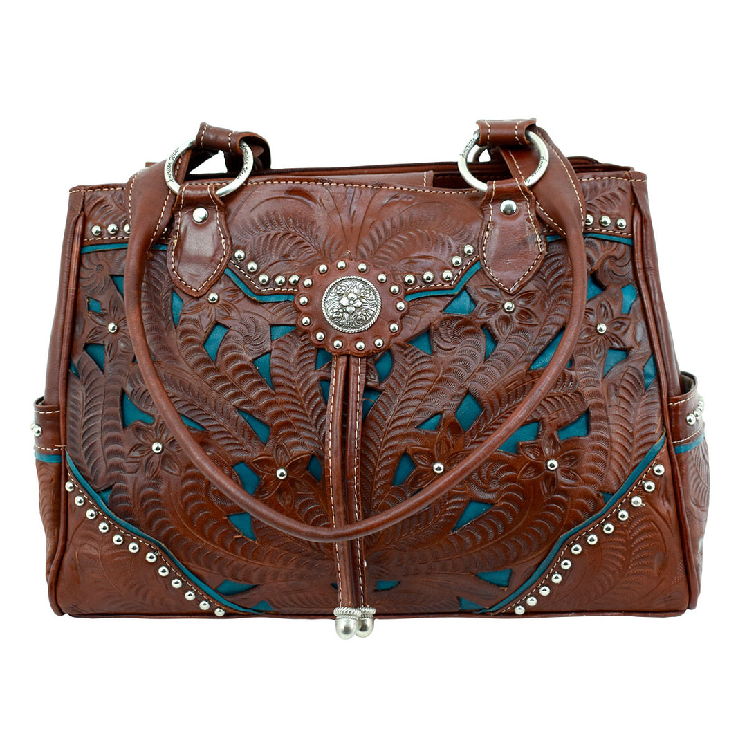 American West Lady Lace Multi-Compartment Organizer Tote Chestnut Brown Dark Turquoise