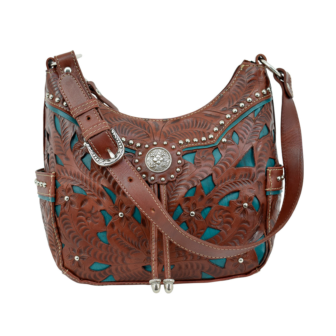 American West Lady Lace Zip-Top Everyday Hobo With Side Pockets Chestnut Brown Dark Turquoise