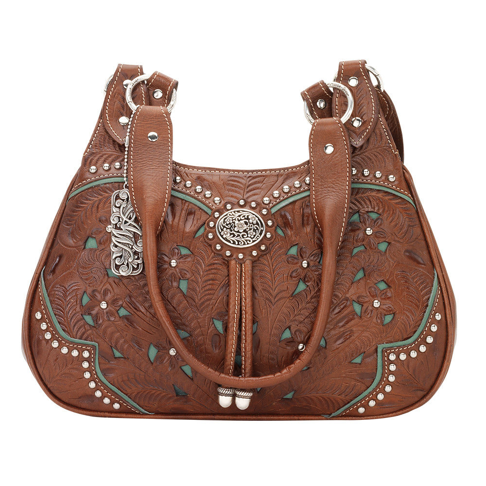 American West handbag purse described as Lady Lace Compartment Zip-Top Scoop Tote Medium Brown Light Turquoise