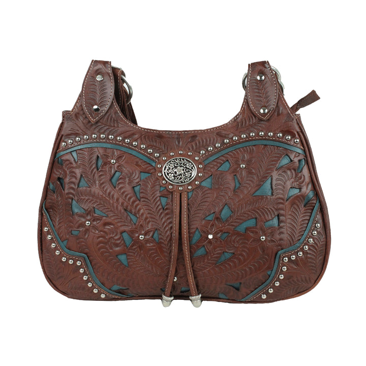 American West handbag purse described as Lady Lace Compartment Zip-Top Scoop Tote Dark Brown Dark Turquoise