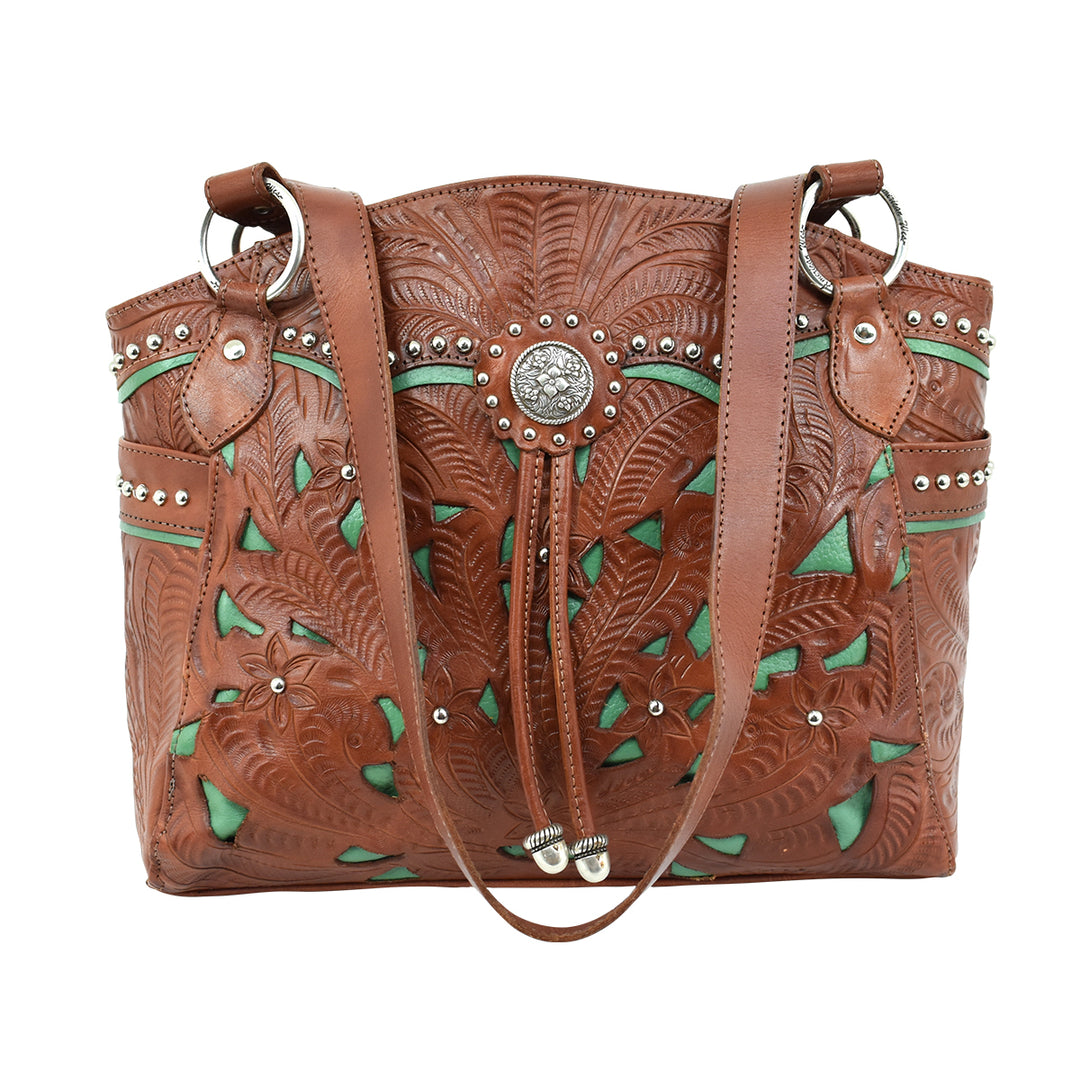 American West handbag purse described as Lady Lace Tote Antique Brown Marine Turquoise