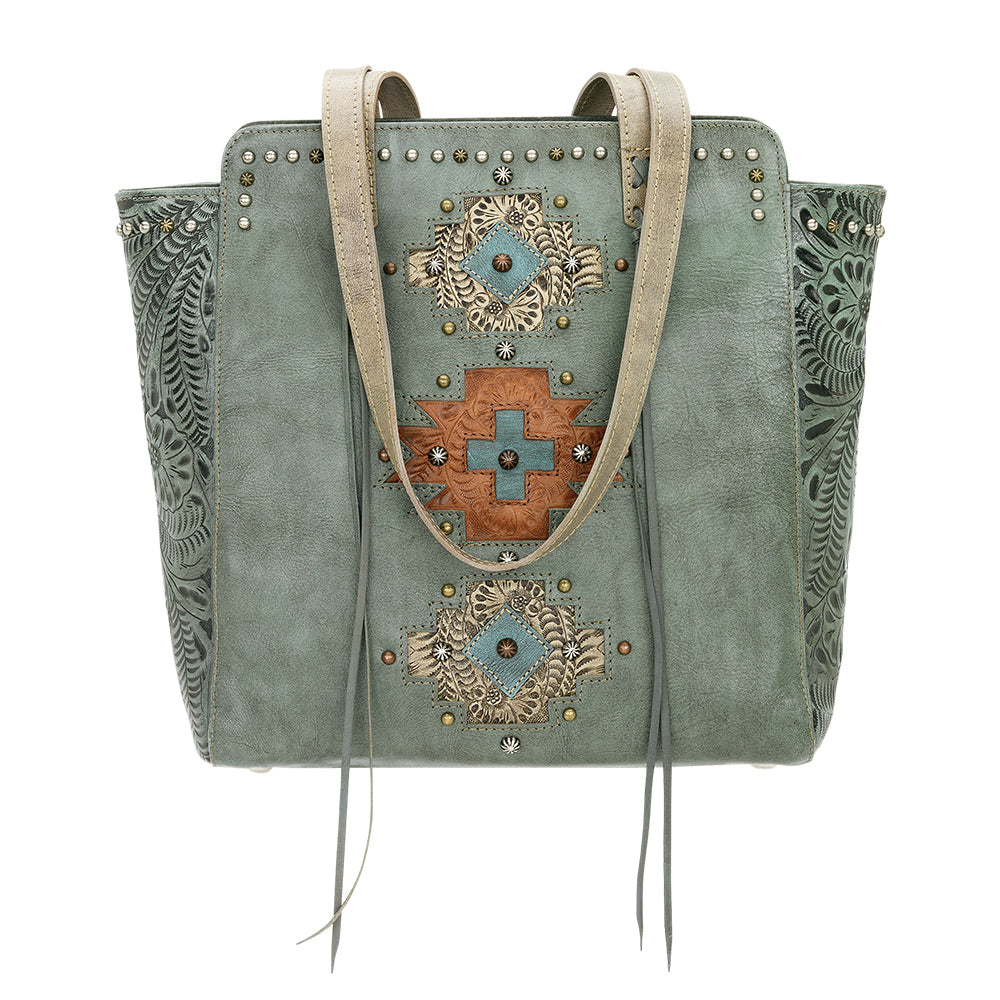 American West Navajo Soul Zip Top Tote Marine Turquoise leather handbag front view