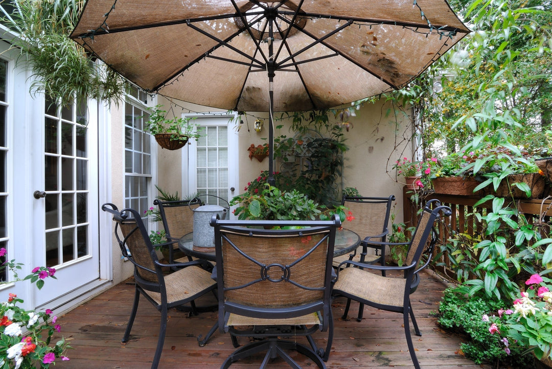 porch with plants table and chairs
