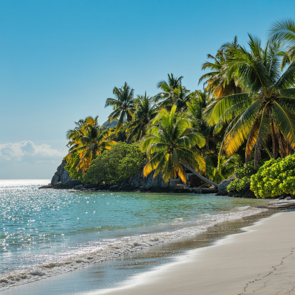 ocean and beach scene with a mountain covered with palm trees and vegetation 