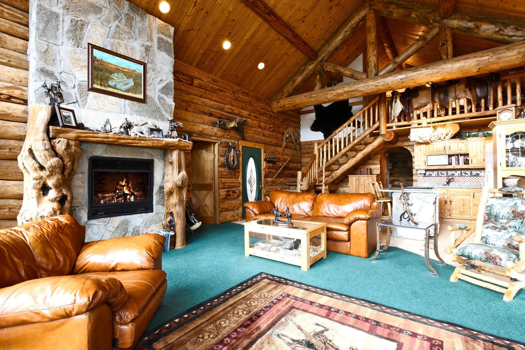 rustic country western styled living room in a wood cabin