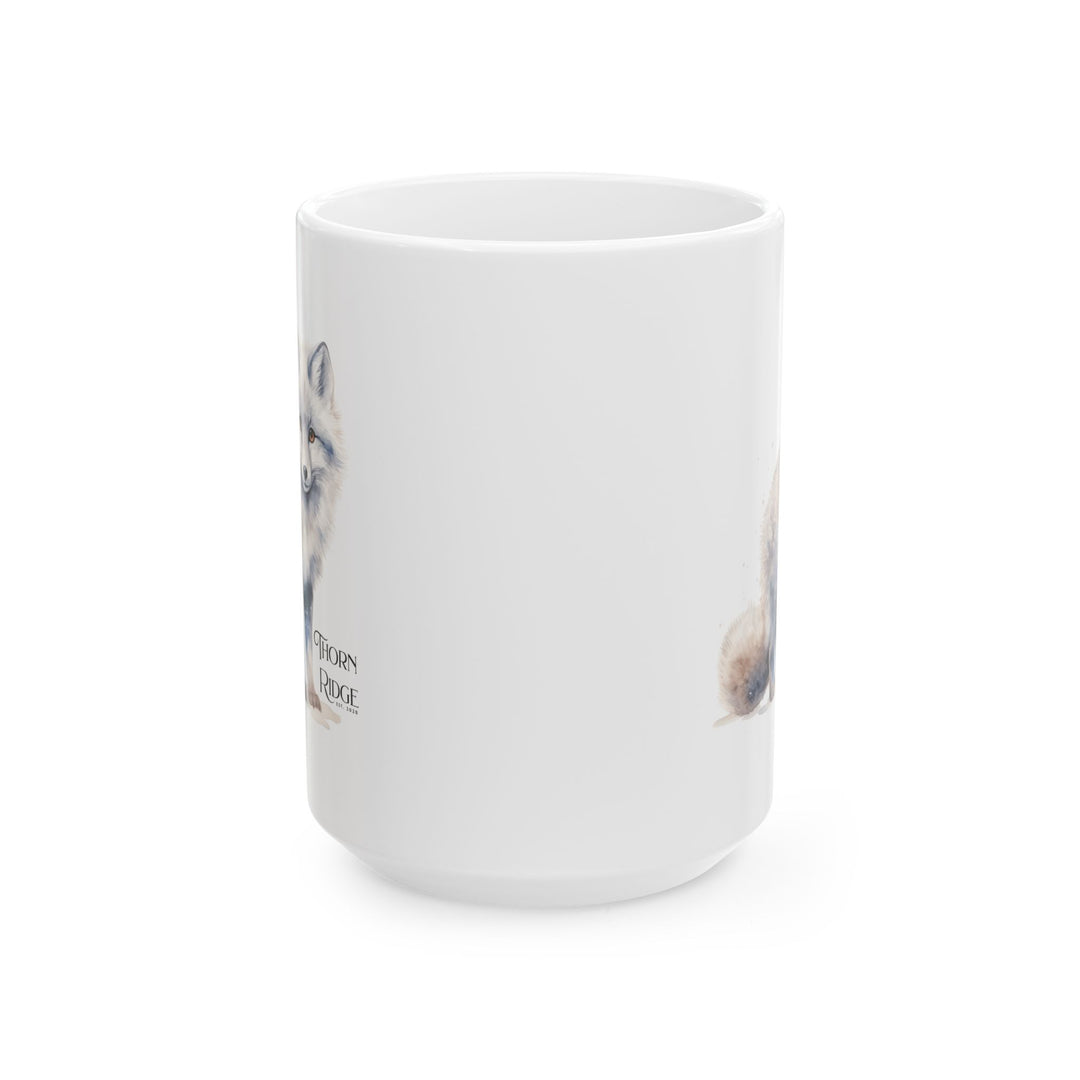 White mug with a graphic of a standing artic fox and 'Thorn Ridge' text on a white background