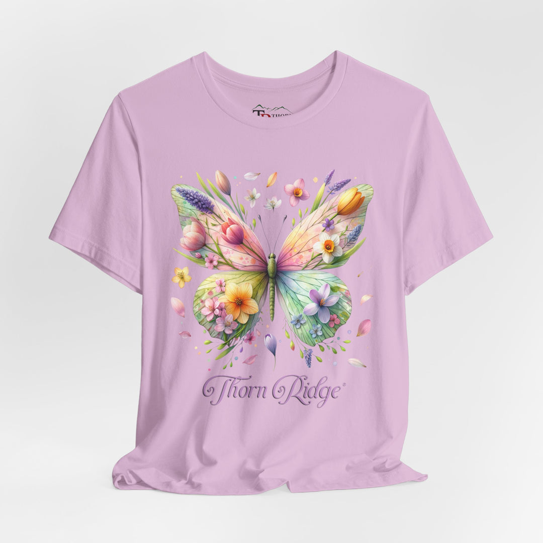 Floral butterfly tee in pastel colors labeled Thorn Ridge®