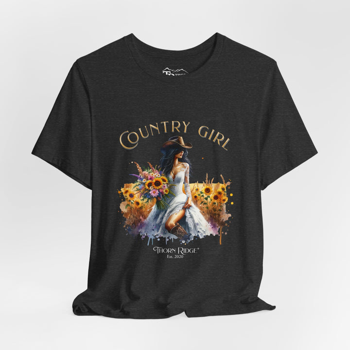 t-shirt with 'Country Girl' graphic design featuring a woman in a white dress and sunflowers and labeled Thorn Ridge®