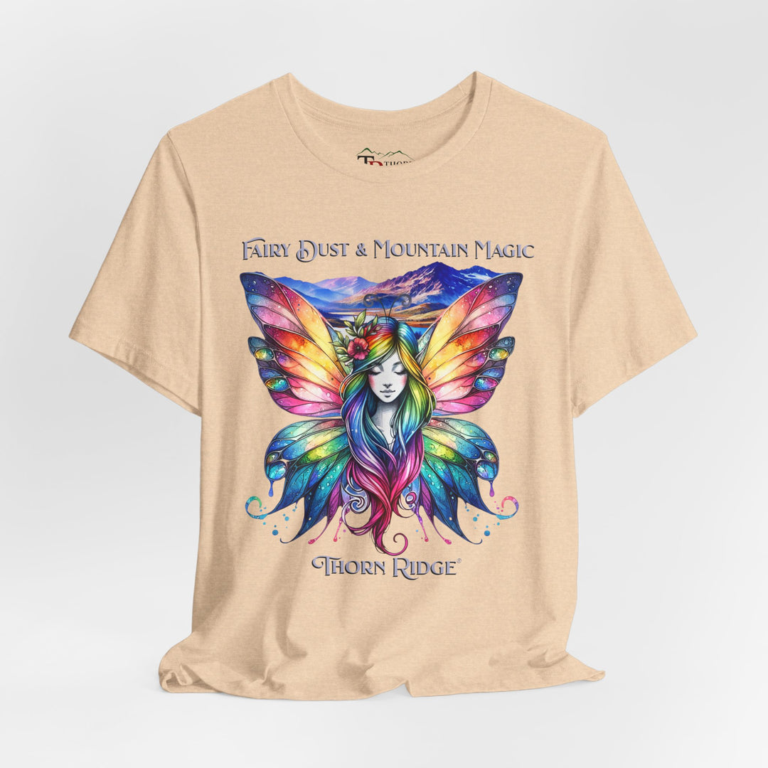 Fairy Dust and Mountain Magic graphic tee with a winged fairy in the front and mountains in the background labeled Thorn Ridge®