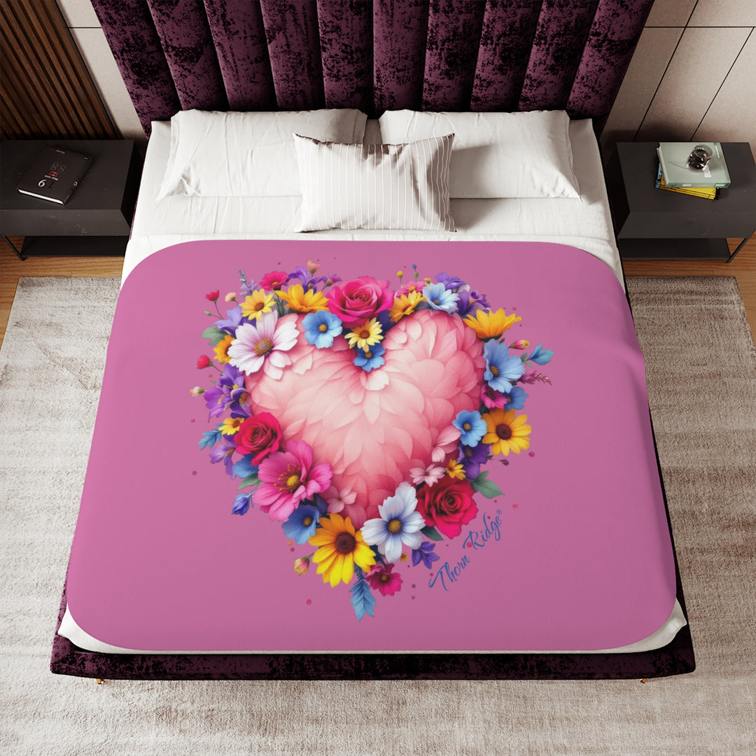 Feathers & Flowers Heart Sherpa Blanket in pinks with a feather heart surrounded by flowers by Thorn Ridge®