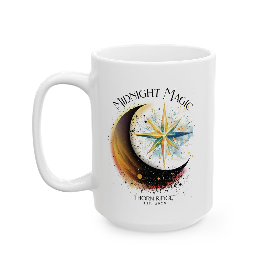 White mug with 'Midnight Magic' by Thorn Ridge® design featuring a moon and star