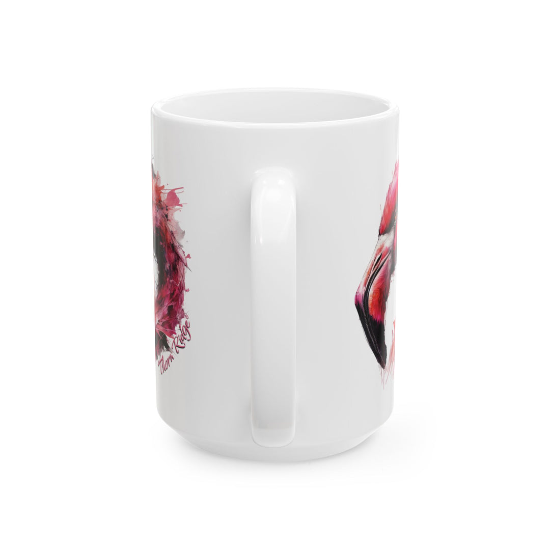 White mug with a hot pink and black flamingo design by Thorn Ridge®