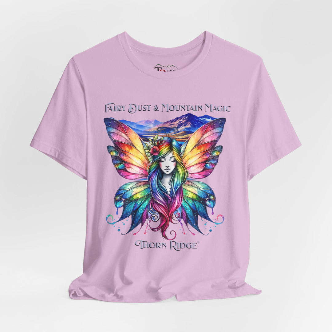 Fairy Dust and Mountain Magic graphic tee with a winged fairy in the front and mountains in the background labeled Thorn Ridge®