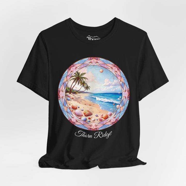 t-shirt with a beach scene graphic and 'Thorn Ridge' branding on a white background