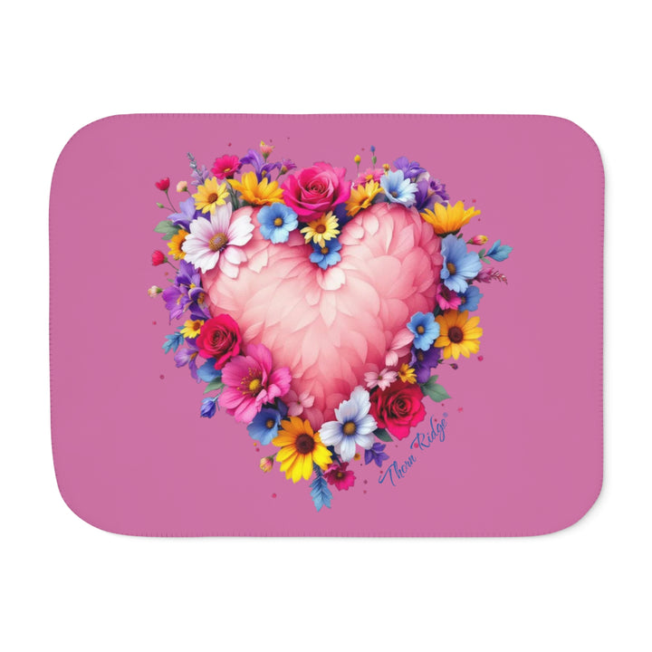 Feathers & Flowers Heart Sherpa Blanket in pinks with a feather heart surrounded by flowers by Thorn Ridge®