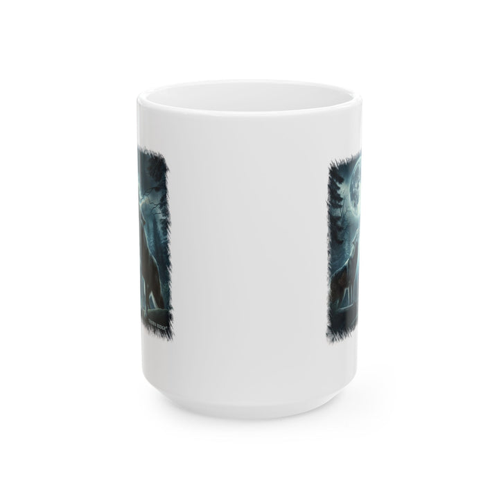 moonlit wolves mug by Thorn Ridge® of two wolves howling at the moon and a cloudy sky.
