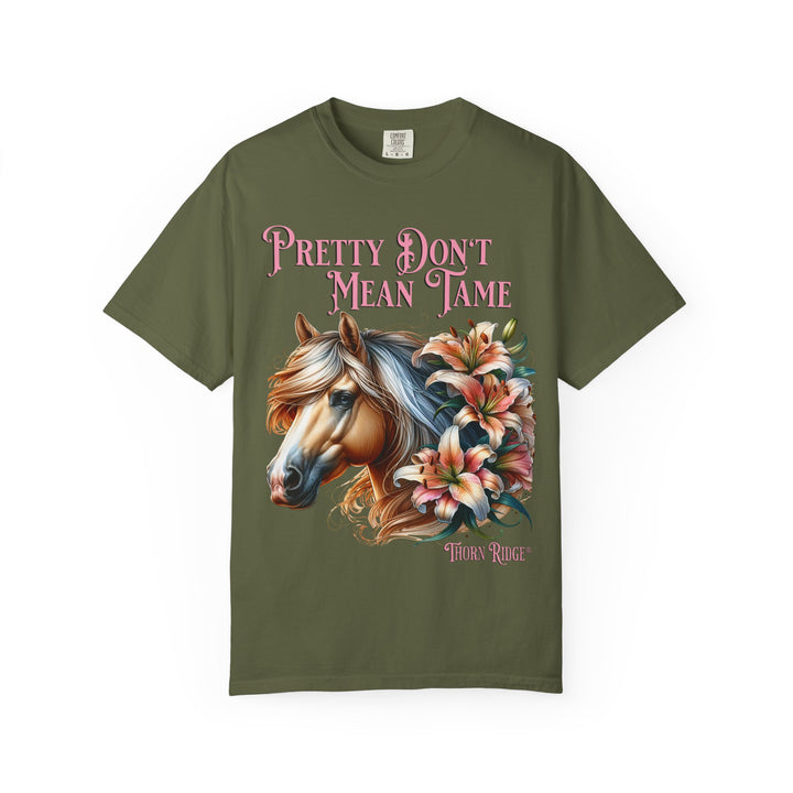 Pretty Don't Mean Tame graphic tee with a horse head and flowers branded to Thorn Ridge®