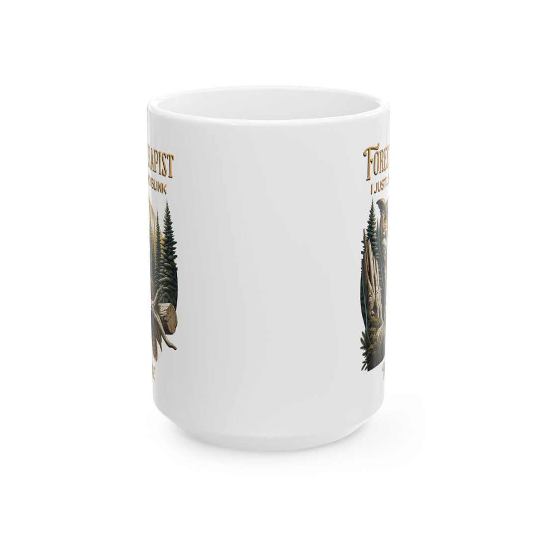 White mug with an owl design and text Forest Therapist by Thorn Ridge®