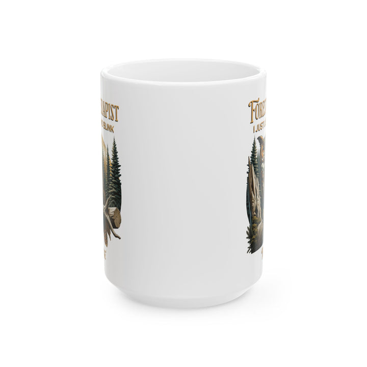 White mug with an owl design and text Forest Therapist by Thorn Ridge®