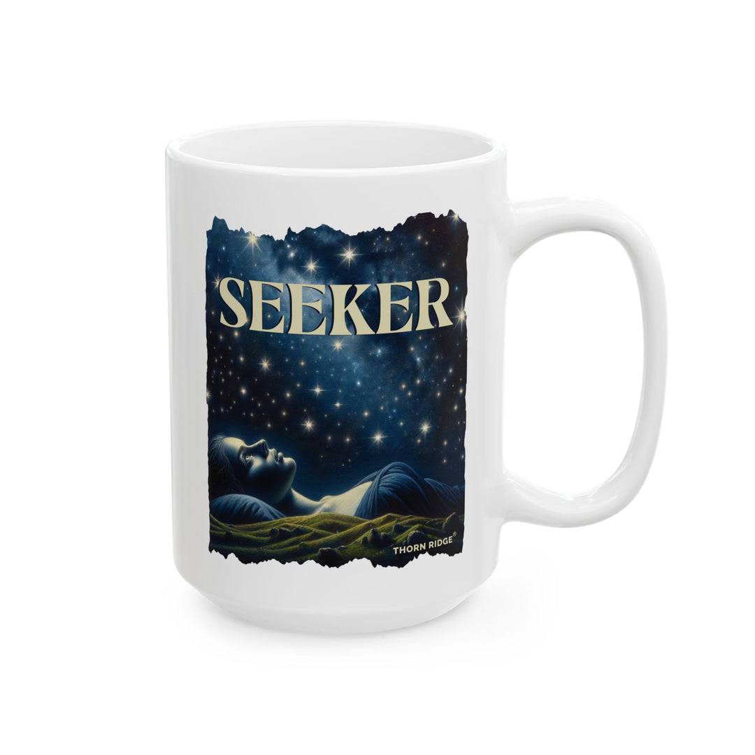 Seeker Mug by Thorn Ridge® of a woman looking at the stars at night