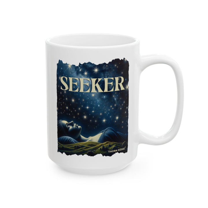 Seeker Mug by Thorn Ridge® of a woman looking at the stars at night