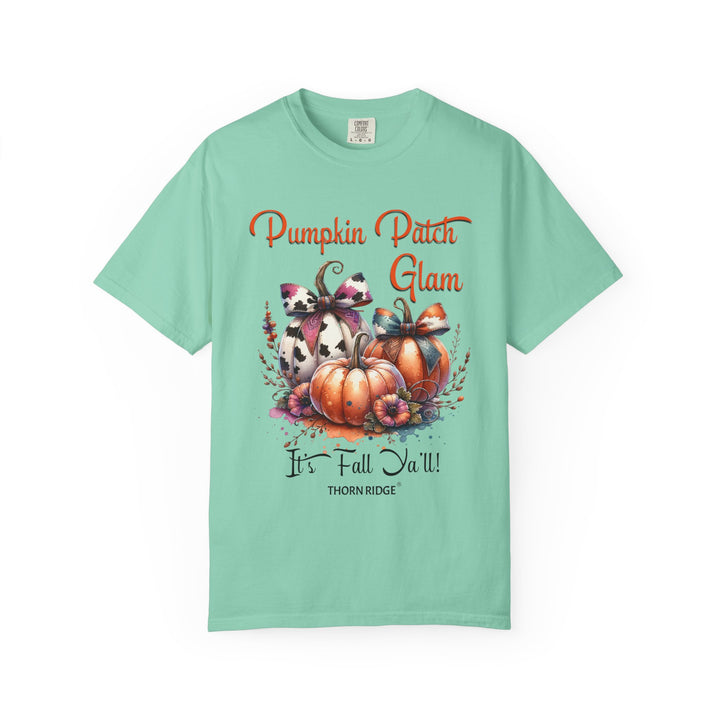 Pumpkin Patch Glam graphic tee with pumpkins wearing cow print bows labeled Thorn Ridge®