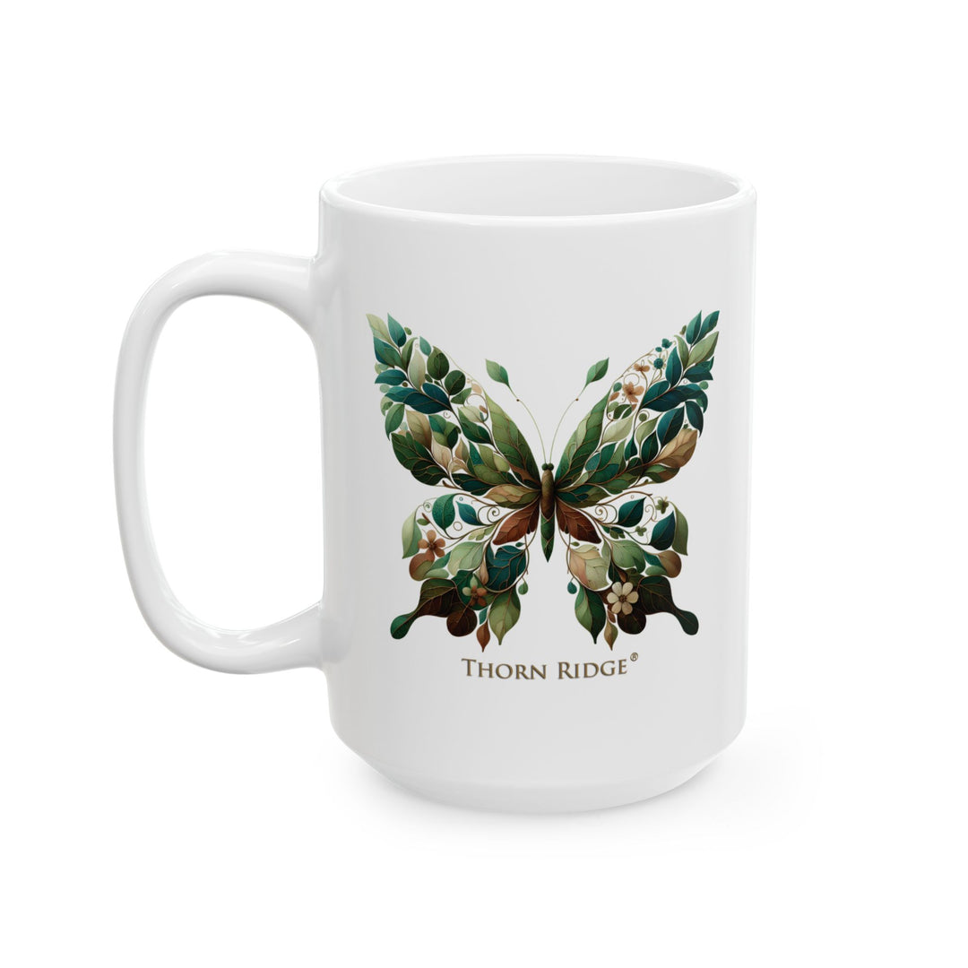 White mug with a leaf butterfly design and 'Thorn Ridge' branding on a white background