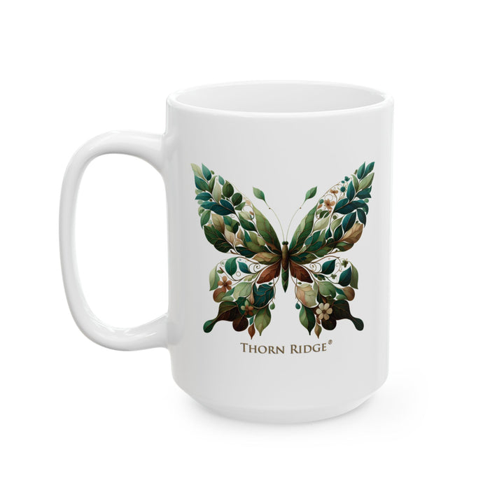 White mug with a leaf butterfly design and 'Thorn Ridge' branding on a white background