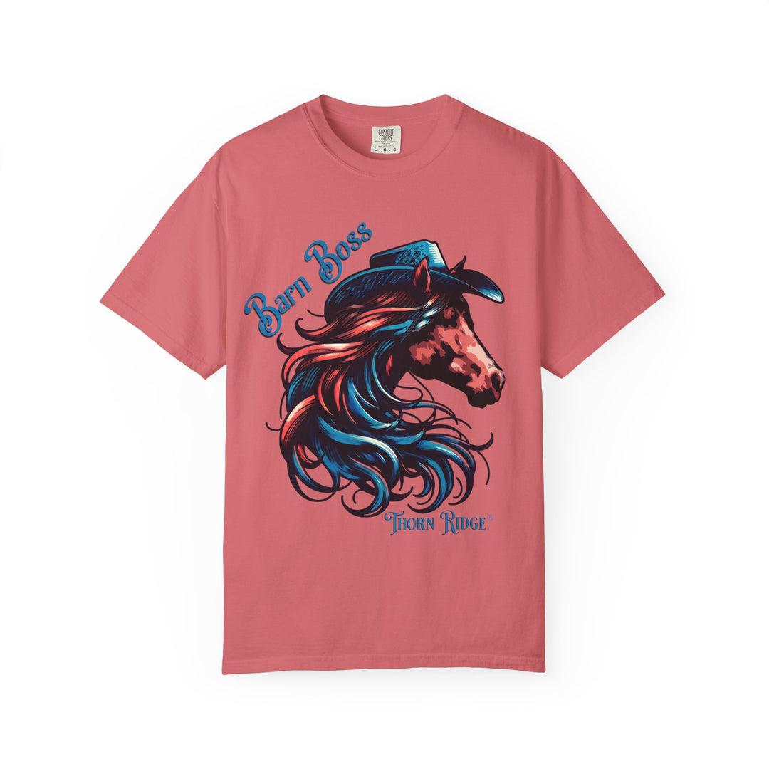 t-shirt with a horse head wearing a cowboy hat graphic labeled Barn Boss and Thorn Ridge