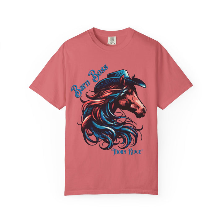 t-shirt with a horse head wearing a cowboy hat graphic labeled Barn Boss and Thorn Ridge